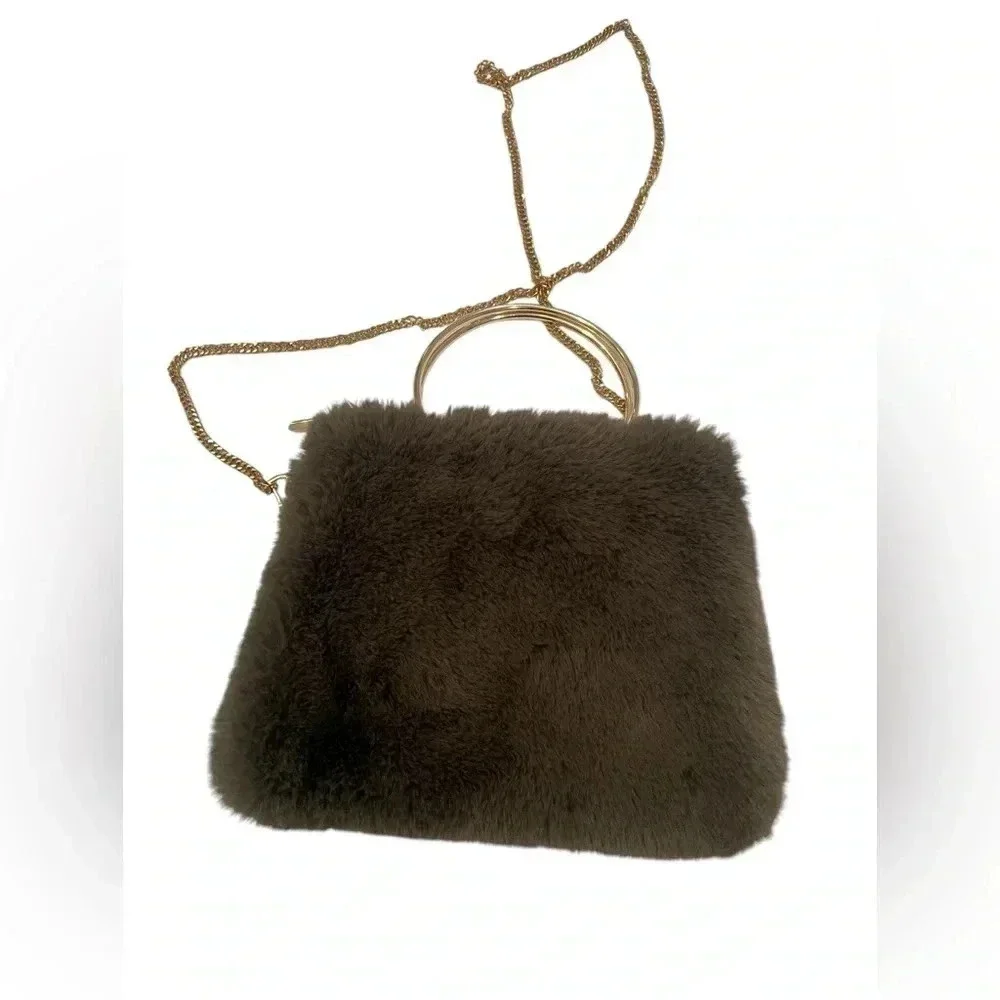 Alessia Massimo Chloe Faux Fur Ring Handle Convertible Crossbody Dark Green bag